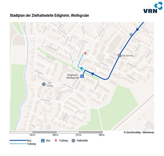 Ihr Fußweg von der RNV-Bushaltestelle 86 - Edigheim „Wolfsgrube“ zu unserer Praxis am Giselherplatz (3 Min. Fußweg - Entfernung: 165 m)