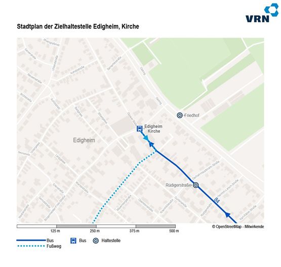 Ihr Fußweg von der RNV-Bushaltestelle 84 - Edigheim „Kirche“ zu unserer Praxis am Giselherplatz (9 Min. Fußweg - Entfernung: 573 m)